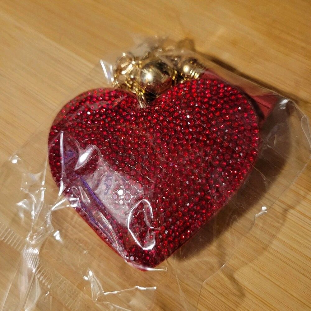 Heart Shaped Red Bag Chain Sparkle Bedazzled with Tassel Gold Tone